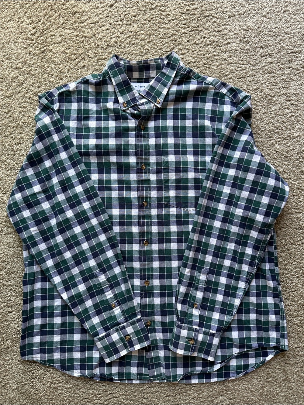 Old Navy Men's Green and Navy Plaid Button-Down Shirt